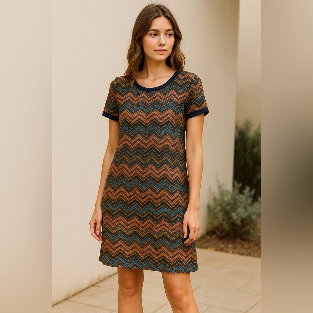 Esley Chevron Print Shift Dress Size L | Easy Workwear or Fall Layering zig zag